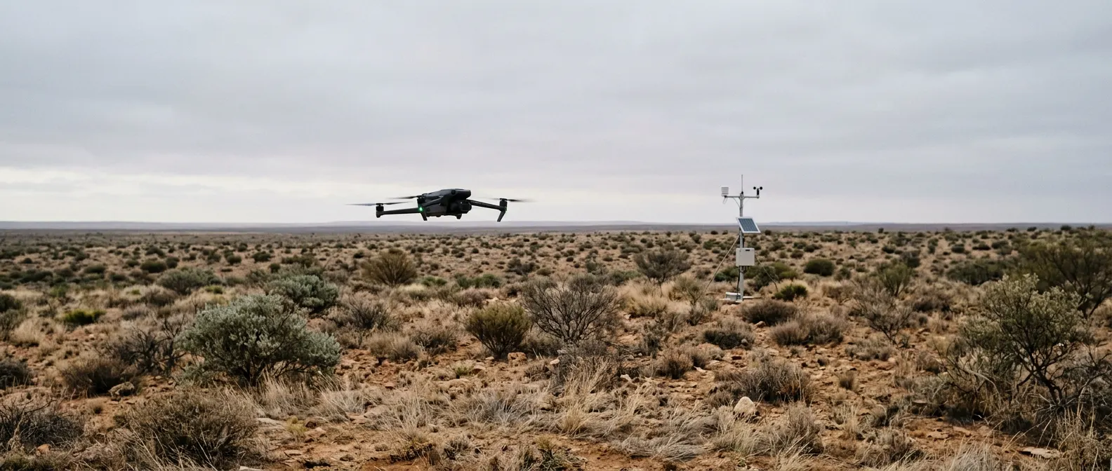Drone hovering over outback scrubland beside a solar-powered sensor mast