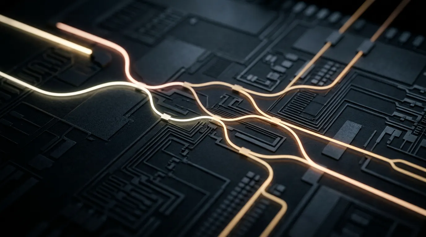 Close-up of light travelling through waveguides on a silicon chip
